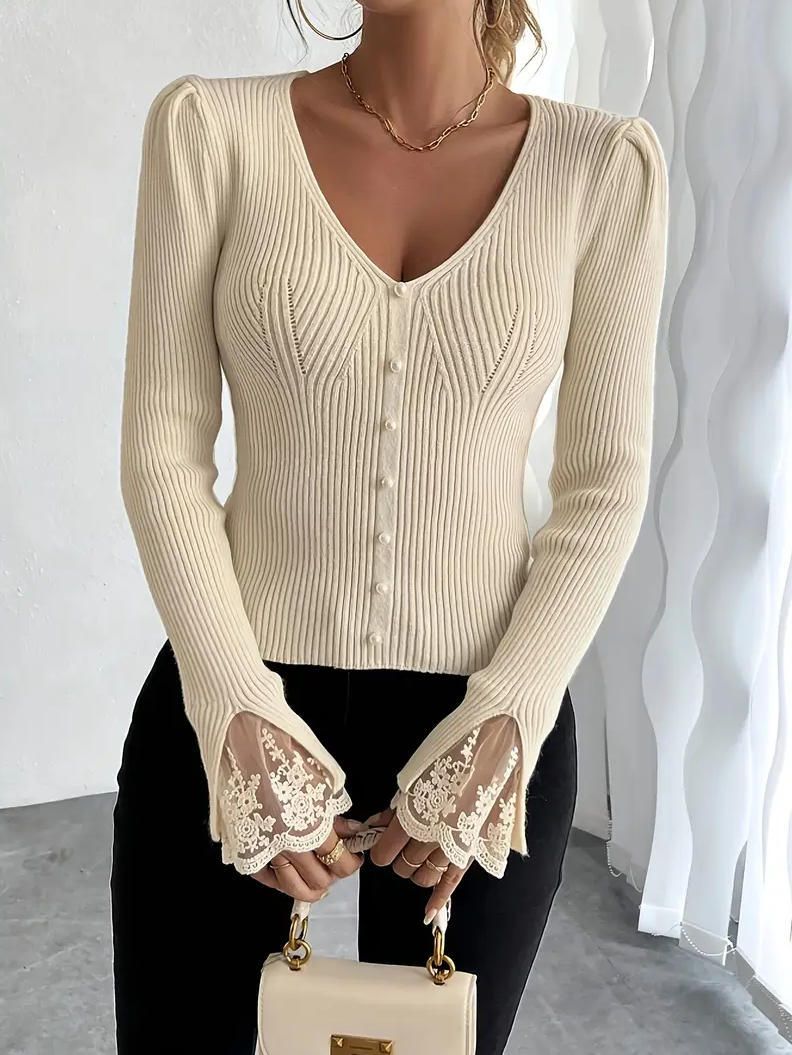 Elegante V-hals gebreide cardigan met kanten rand – Slim Fit korte trui_voghion.com