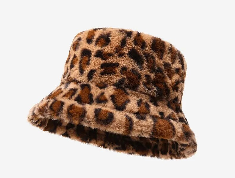 Vinter Vis ansigt Little Leopard Print Fisherman Woman Alsidig Warm Pot Ins Plys Bucket Hat_voghion.com