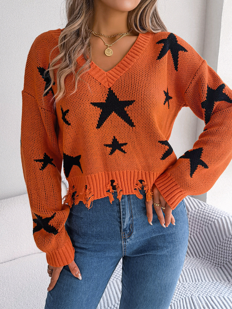 Damenbekleidung Stil Herbst und Winter Lässiger V-Ausschnitt Star Cut Langarm Strickpullover Damenbekleidung_voghion.com