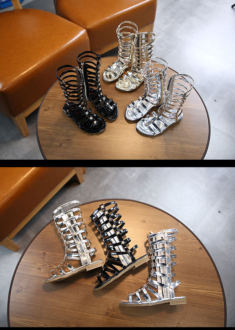 2025 Sommer Neue Kinder Nieten Sandalen Mädchen High Top Lange Hohe Röhre Stern Offene Spitze Römische Schuhe Student Sandalen_voghion.com