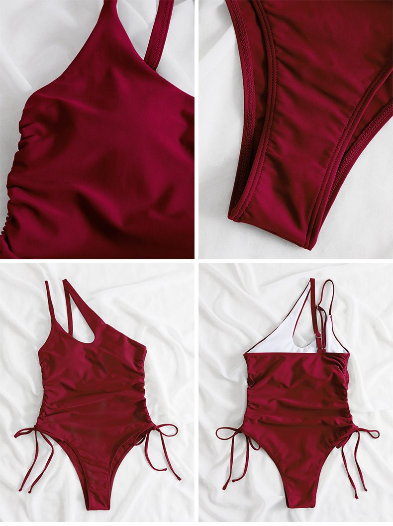 Dámské oblečení Sexy bikiny plavky na jedno rameno Dámské jednobarevné bikiny plavky s vysokým pasem_voghion.com