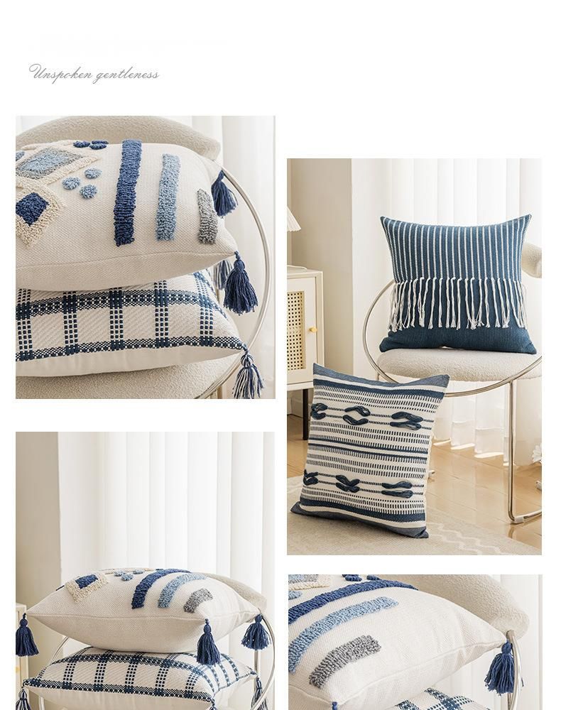 2025 Blue Series Living Room Sofa Bedside Multi-use Home Car Stripe Polka Dot Tassel Pillow Cushion_voghion.com