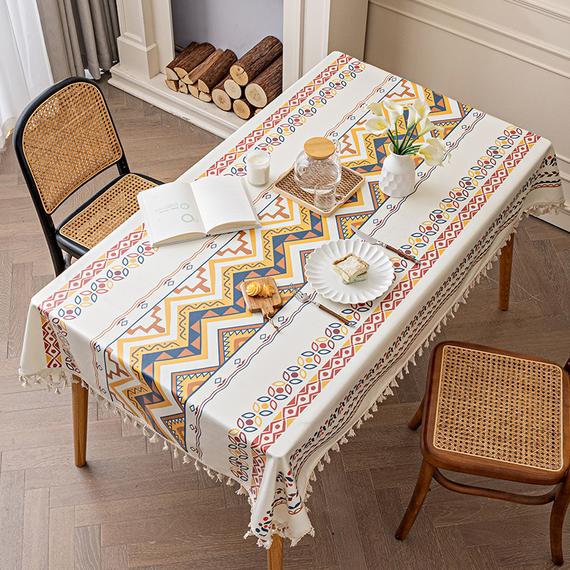 Bohemian tablecloth, cotton and linen, washable fabric, ethnic style, rectangular tassel dining, homestay tablecloth, waterproof and oil resistant_voghion.com