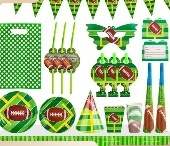 Rugby themed birthday party venue decoration props, disposable paper cups, plates, tableware sets, supplies_voghion.com