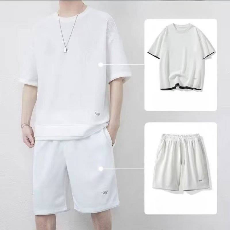 Herren Waffel-Shorts-Anzug, dünnes Kurzarm-T-Shirt mit Sport-Shorts im Set_voghion.com