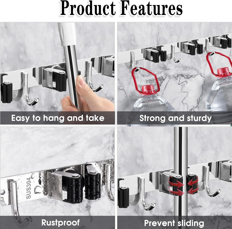 Stainless steel 5 shelves and 4 hooks mop and broom holder wall mounted_voghion.com