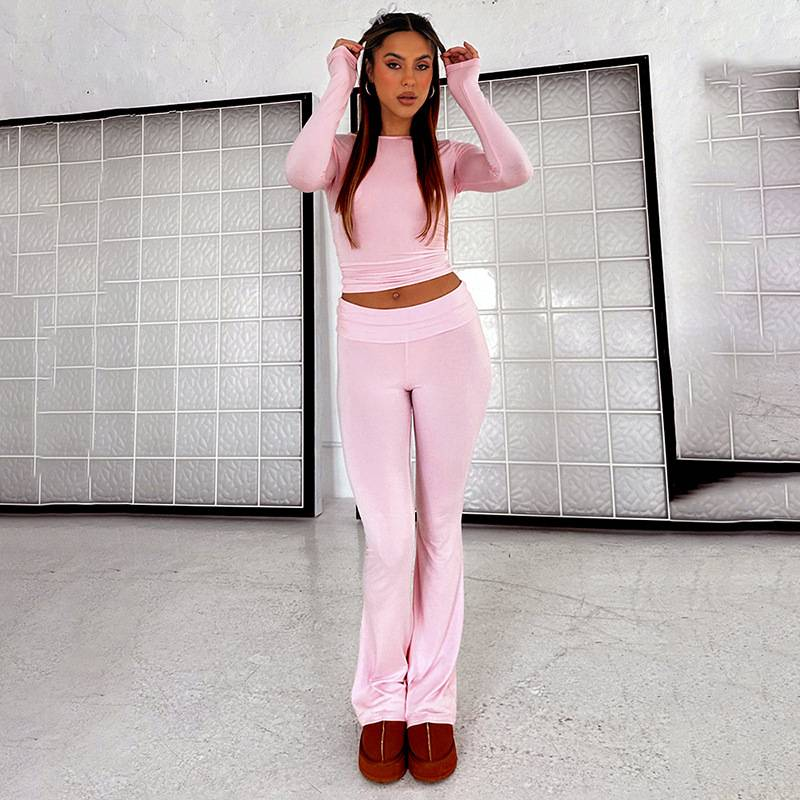 Naisten perus kaksiosainen asu, pitkähihainen crop top, taitettavat leggingsit, levenevät housut, yhteensopivat kaksiosaiset oloasut_voghion.com