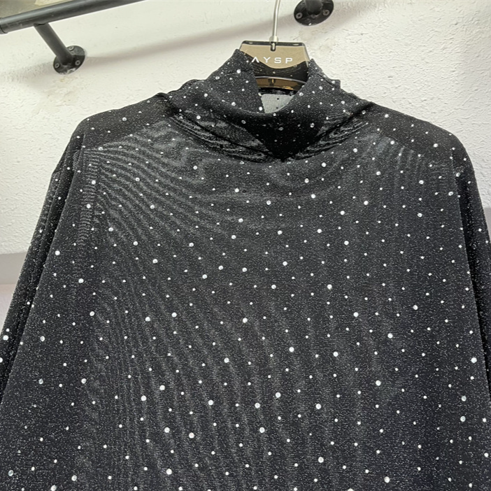 T-shirt femme, nouveau style automne-hiver, plein d'étoiles, maille diamant, manches longues, col pile, coupe ajustée_voghion.com