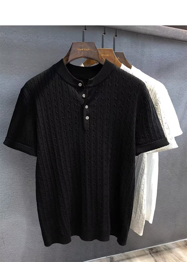Men's Clothing High Grade Knitted Solid Color Pullover Button Short Sleeved T Shirt Men's Summer Korean Version Loose Henry Collar Polo Shirt Top_voghion.com