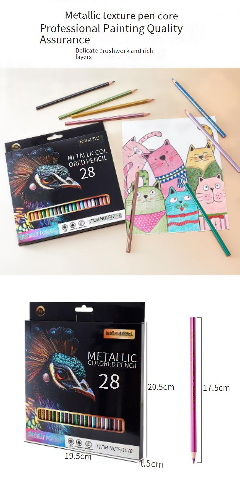 Lápis de cor metálicos TaSteful de 28 cores para desenho, esboços e arte - Estojo de madeira premium, tons metálicos vibrantes para estudantes e artistas_voghion.com