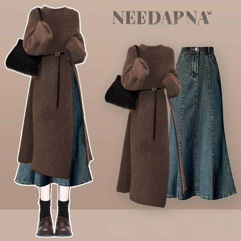 Conjunto de suéter y falda vaquera chic y sencillo: un acogedor conjunto otoñal de dos piezas con cinturón ajustable._voghion.com