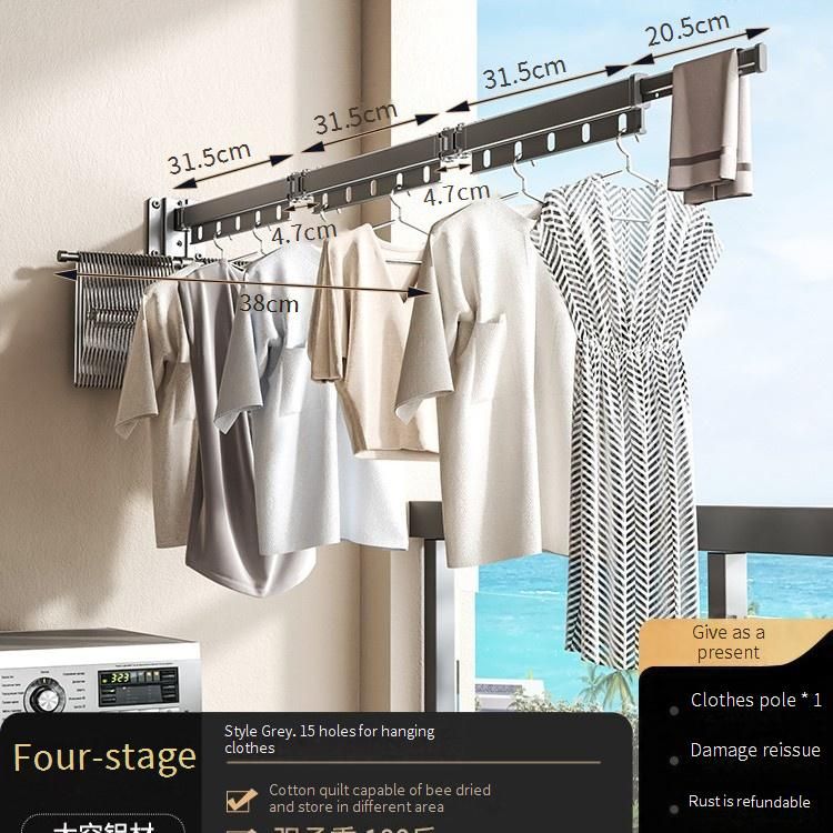 An der Wand montierter, faltbarer Wäscheständer mit winddichten Löchern und Aufbewahrungsstangen, platzsparender Wäsche-Organizer für den Balkon,_voghion.com