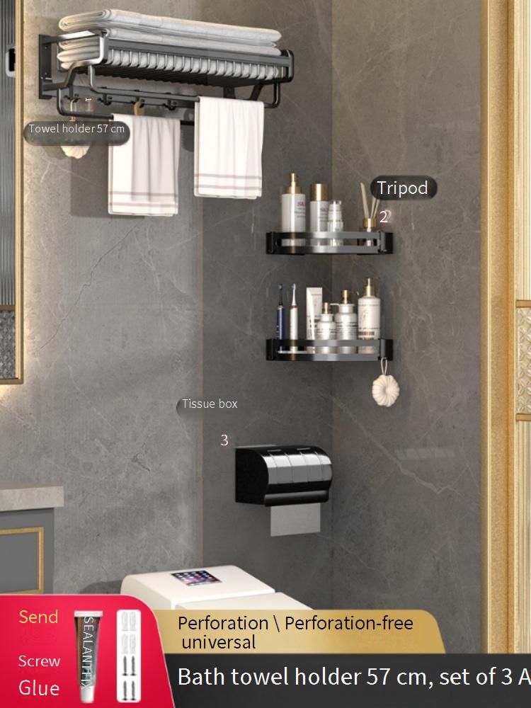 Badezimmer-Handtuchhalter aus Aluminium ohne Bohren mit Wandregalen, Dusch-Organizer für Badezimmer und Toilette_voghion.com