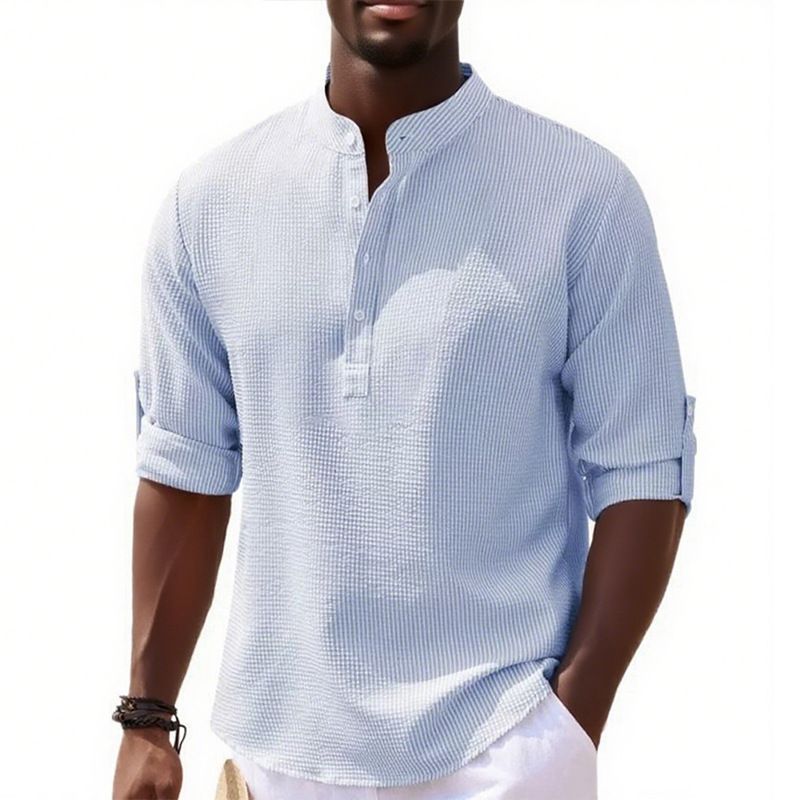 Men's Long Sleeved Stand Up Collar Plaid Shirt Solid Color Casual Bottoming Shirt Top_voghion.com
