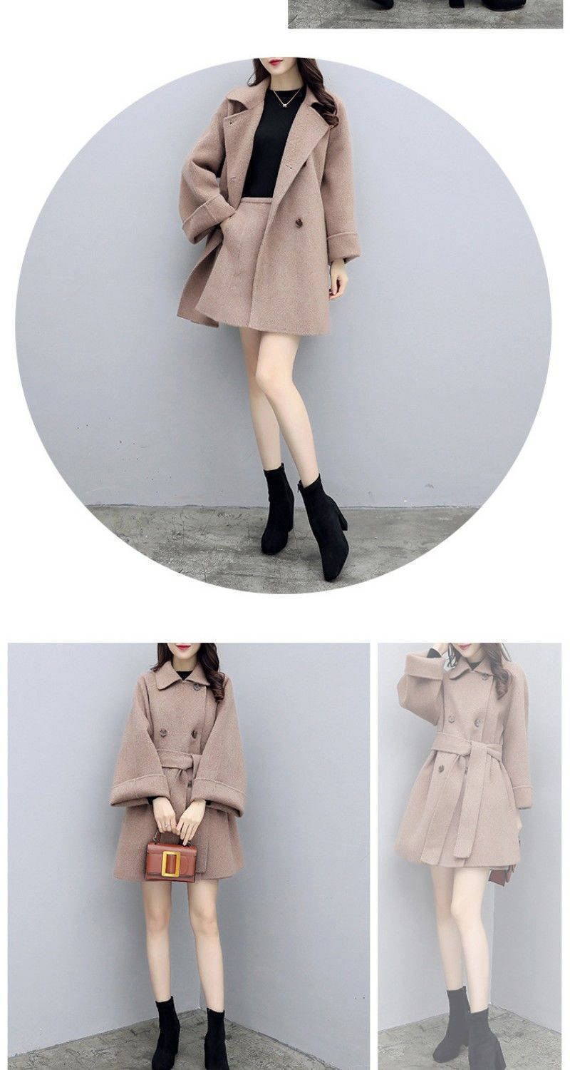 New women's camel two-piece woolen coat fashion woolen skirt suit_voghion.com