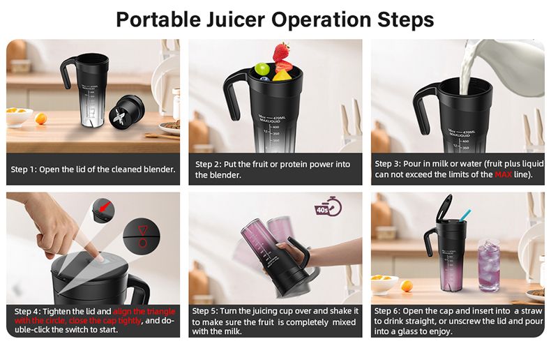 Draagbare fruitpers 6 scherpe messen Oplaadbare persoonlijke multifunctionele draagbare mini-blenderbeker voor shakes en smoothies_voghion.com