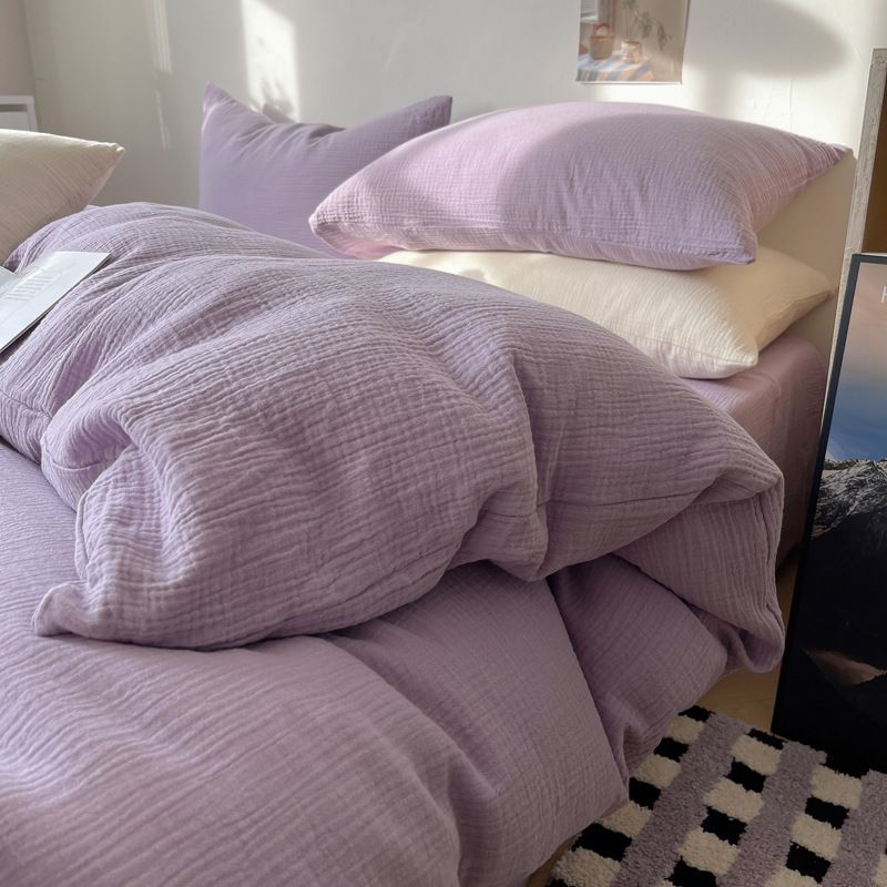 skin-friendly Soft Milk Tea Color Double Yarn Duvet Cover, Washed Cotton Four-piece Set, Bed Sheet Set Of Three_voghion.com