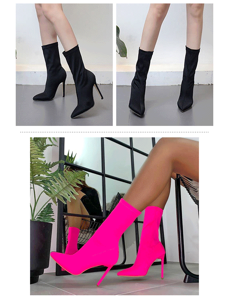 DEleventh European and American cross border women's shoes mid calf boots stretch fabric pointed toe stiletto high heels large size women's boots _voghion.com