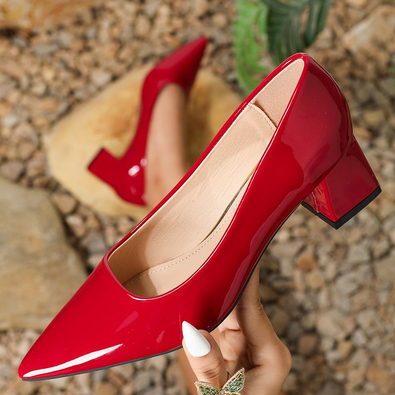 Sexy chunky women single shoes spring and autumn new temperament patent leather pointed black high heels_voghion.com