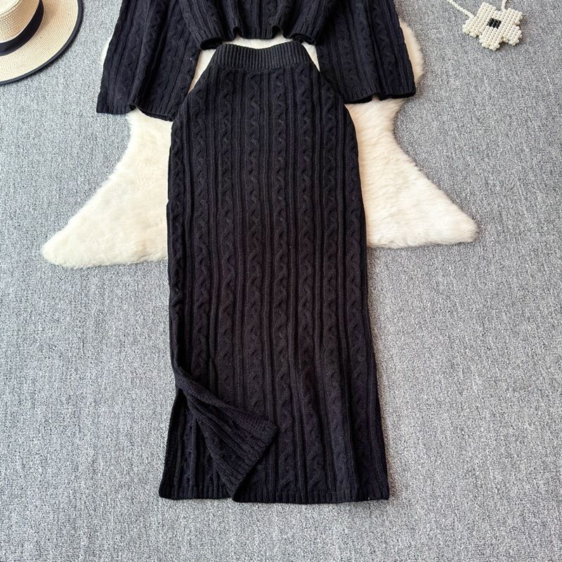 Women's Clothing Drama Outfit Slim Women Autumn And Winter Retro Cable Knit Sweater 1 Slit Skirt Two Piece Suit_voghion.com