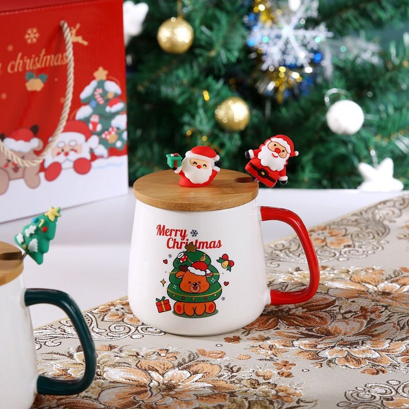 Kubek z pokrywką i łyżeczką, uroczy prezent świąteczny, wysokiej jakości ceramiczny kubek z wizerunkiem Świętego Mikołaja i łosia, pamiątka_voghion.com