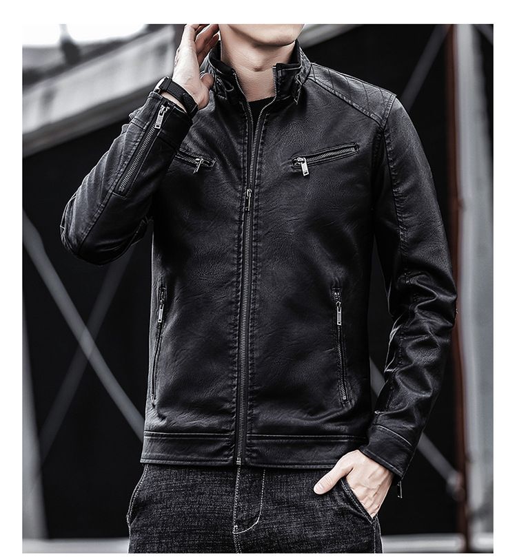Vêtements pour hommes Veste en cuir PU Casual Hommes Col montant Slim Fit Bike Suit Veste en cuir polaire Manteau en PU_voghion.com