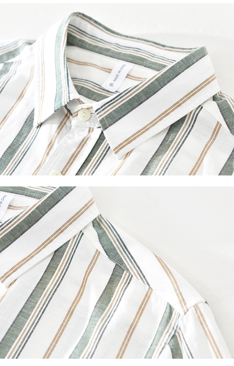 2838 Camicia da uomo in lino e cotone con maniche a 3/4, stile letterario e fresco, a righe, sottile e ampia, con scollo quadrato, pezzo unico, per la sostituzione dei capelli._voghion.com