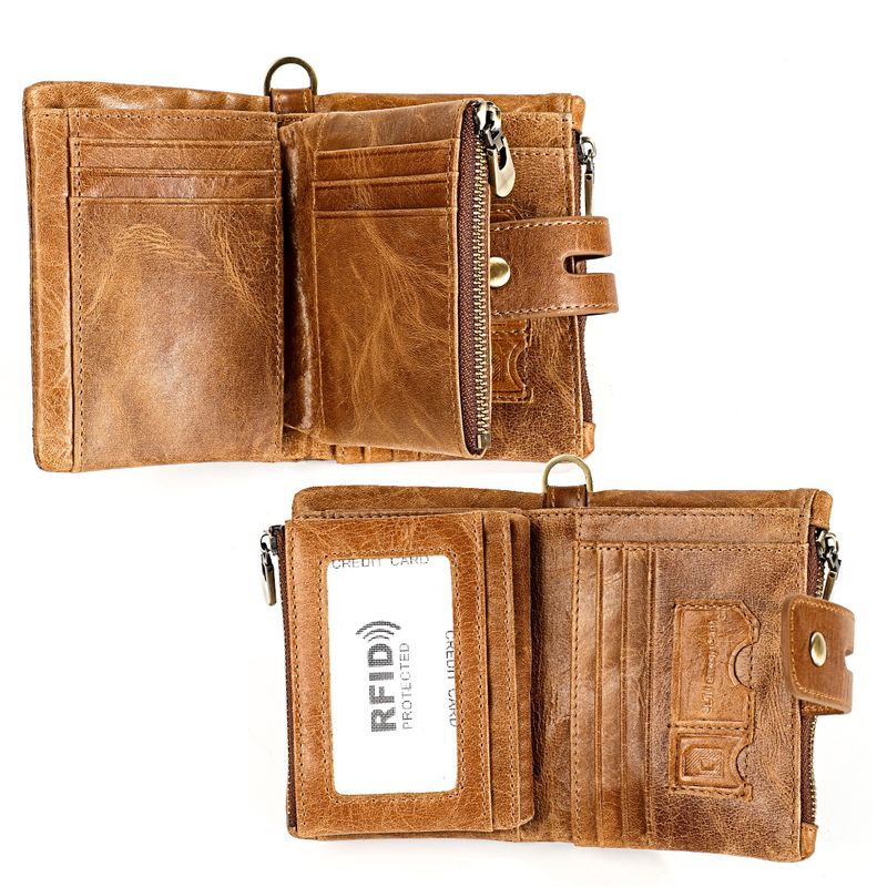 New men's genuine leather wallet RFID crazy horse leather zipper wallet women's retro multifunctional short wallet_voghion.com