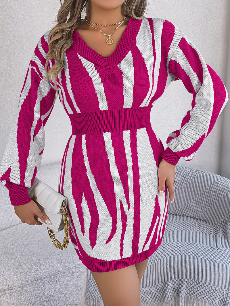 Abito maglione da donna 2024 Abito maglione casual da donna con scollo a V e maniche lunghe a contrasto_voghion.com