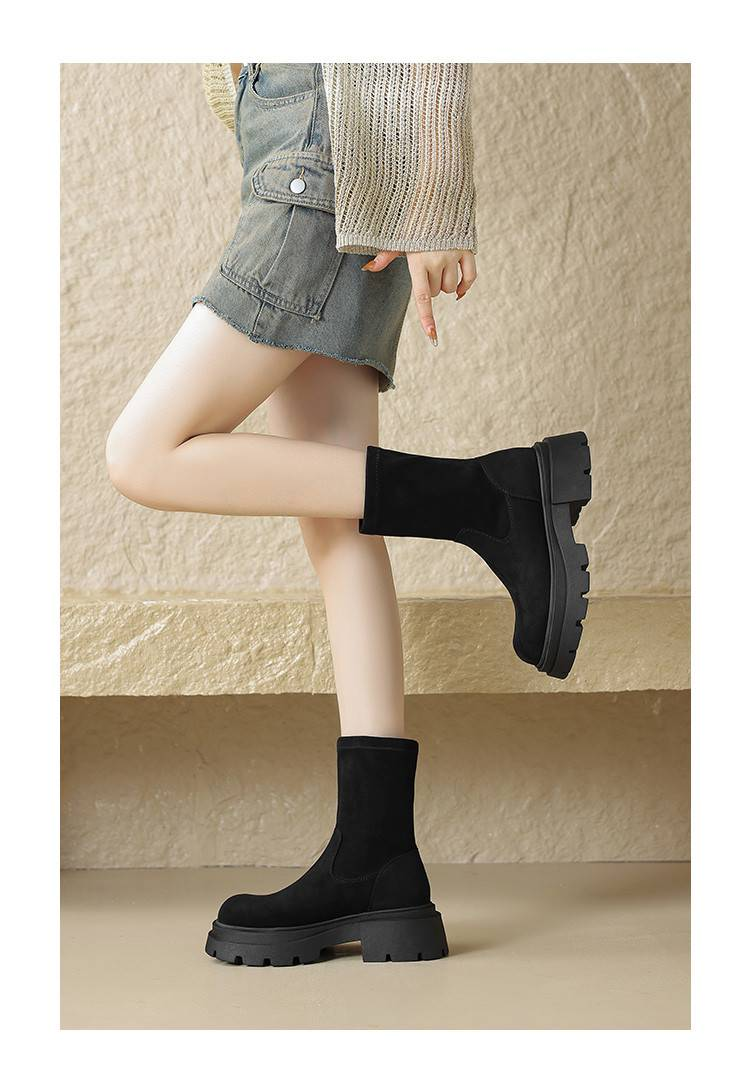 Cameido Botas cortas elásticas de ante para mujer con suela gruesa que realza, botas adelgazantes_voghion.com