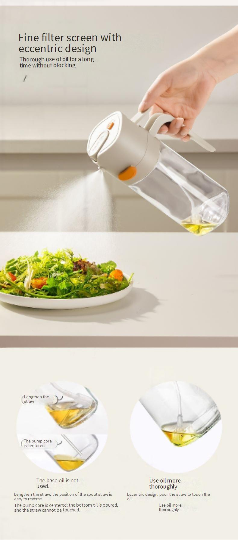 Pulverizador y dispensador de aceite de vidrio 2 en 1: botella de aceite de cocina con función de vertido y pulverización antigoteo para uso doméstico._voghion.com