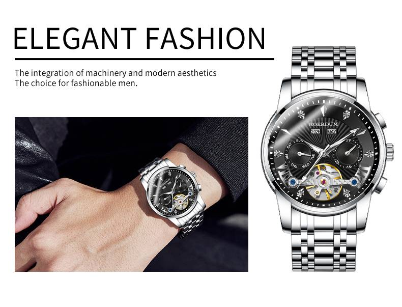 ROERDUM Apocalypse Knights Series – Dual-Color Luminous Hands, Silver-Black Dial, Stylish Men's Mechanical Wristwatch_voghion.com