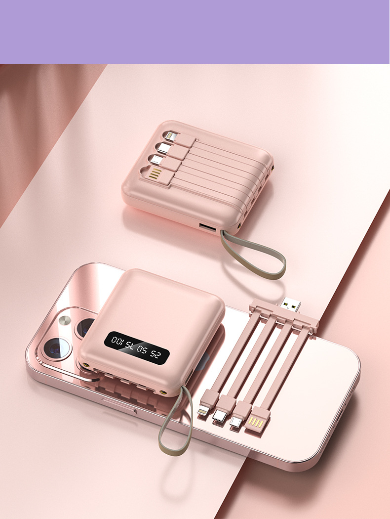 Dahili Kablolu, Hızlı Şarjlı, Yüksek Kapasiteli Harici Pil Paketine Sahip 20000mAh Taşınabilir Güç Bankası (Beyaz/Siyah/Pembe/Mor/Ayna Seçenekleri)_voghion.com