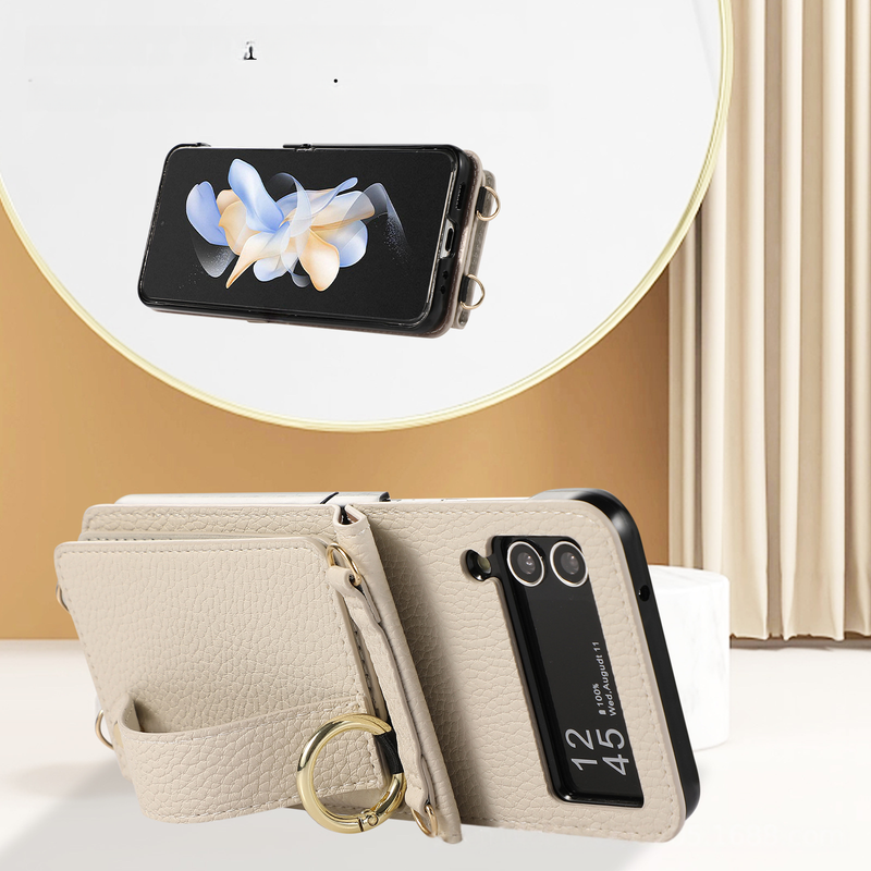 Suitable For Samsung Z Flip5 Folding Crossbody Mobile Phone Case Z Flip4 Card Slot Protective Cover Wrist Strap Bracket Leather Case_voghion.com