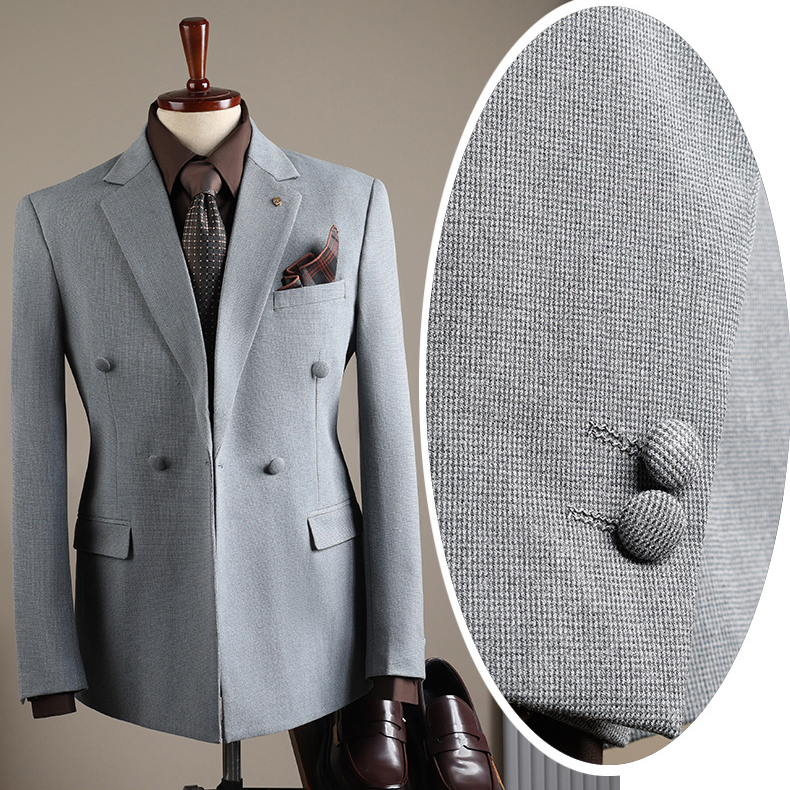 Men's Slim Fit Double Breasted Suit Set - Business Casual Blazer & Trousers For Wedding & Office (Black/Grey/Tan, Sizes 48-58)_voghion.com