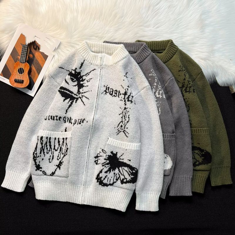 Retro Zip-Up Knit Cardigan – Unisex Oversized Sweater With Artistic Print_voghion.com