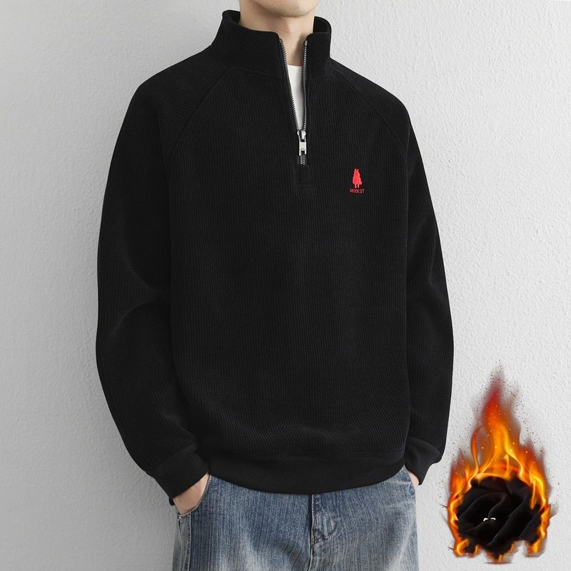 Herren-Sweatshirt mit Fleecefutter und halbem Reißverschluss – Koreanischer Streetwear-Stil mit minimalistischer Baumstickerei (Beige/Khaki/Schwarz, Größen M-4XL)_voghion.com