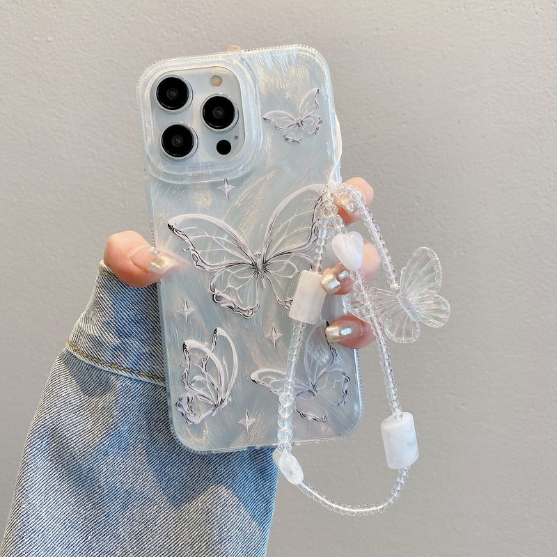 iMd Feather Yarn Butterfly Suitable for 15 Laser Feather Yarn Protective Case iphone15 Bracelet Advanced Sense Mobile Phone Case_voghion.com