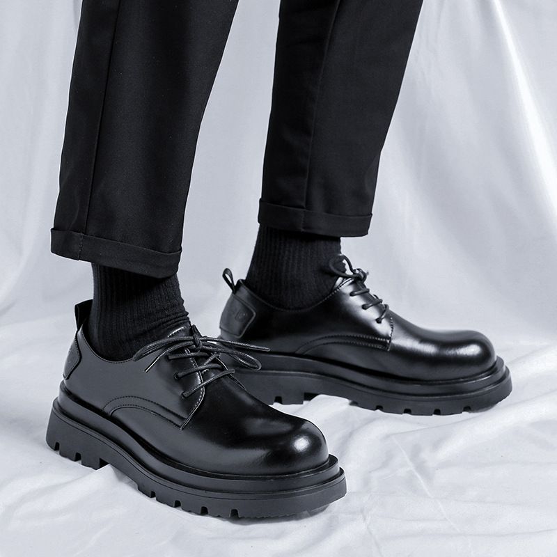 Suitable For All Seasons Genuine Derby For Men, Thick Sole, Height Increasing, Black Round British Style, Large Toe, Low Top Martin Boots,_voghion.com