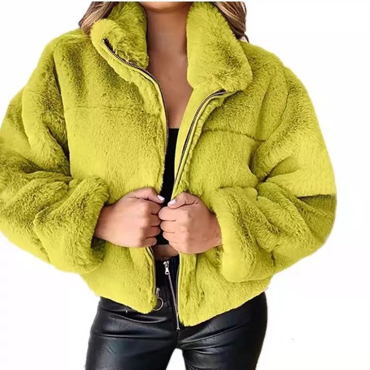 Damenjacke aus Kaninchenfellimitat mit Reißverschluss, eleganter Stehkragen, Mantel-Stil, Winterbluse, ethische pelzähnliche Oberbekleidung_voghion.com