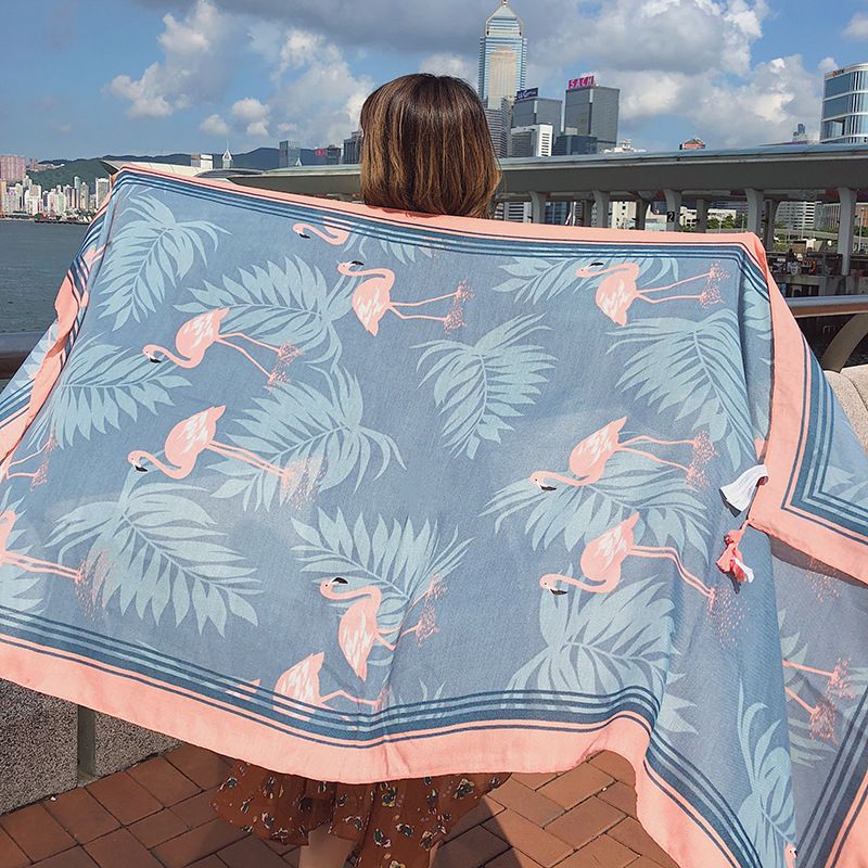 Nuovo scialle da donna in cotone e lino con baffi pendenti e stampa fenicottero, versione coreana, moda, protezione solare da viaggio coordinata_voghion.com