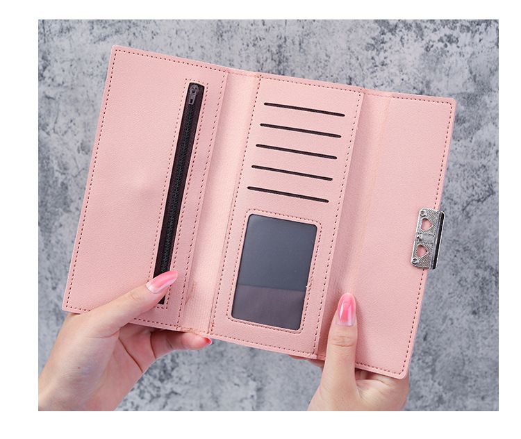 Cartera de mujer estilo coreano con tres pliegues, larga, a cuadros, con broche, con múltiples ranuras para tarjetas, de piel sintética, tarjetero_voghion.com
