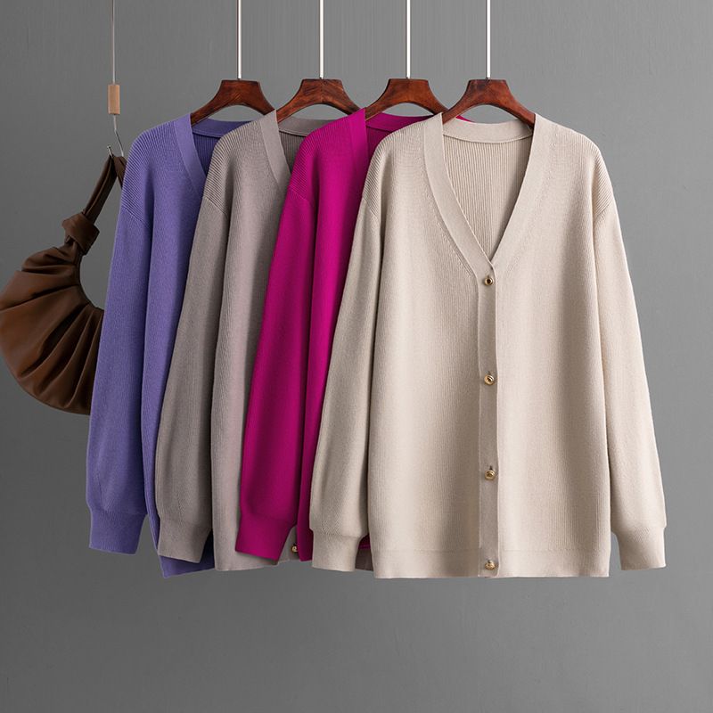 Cardigan tricoté à col en V pour femme, couleur unie, ample, mi-long, automne-hiver_voghion.com