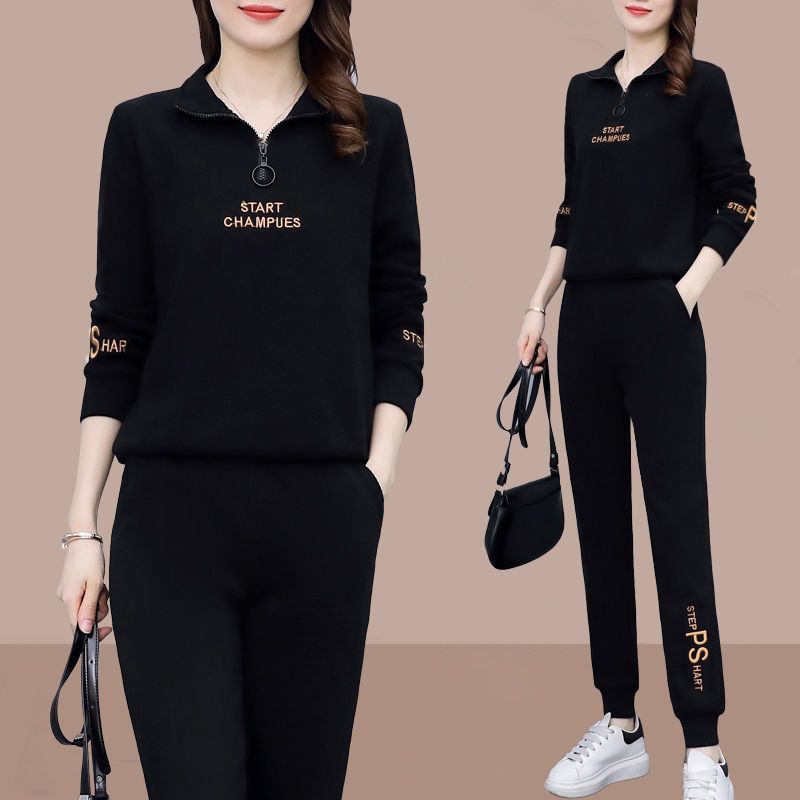 Tuta sportiva da donna in cotone alto, felpa con collo alto, nuova primavera e autunno, due pezzi a maniche lunghe e larghe, taglie forti_voghion.com