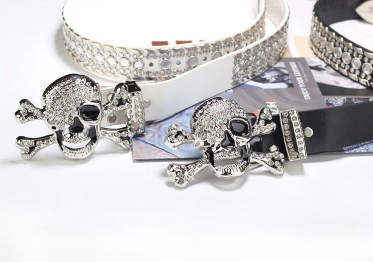 VOOTHOST Neue Skeleton Kopf Diamant Intarsien Gürtel Mit Y2k Nieten Zubehör Hip Hop Punk Diamant Gürtel Für Männer Frauen Gürtel f0384_voghion.com
