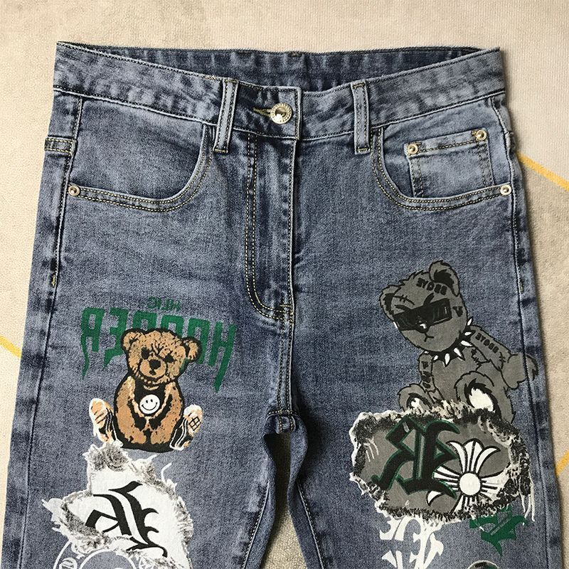Jesenske nove moške kavbojke, trendovske blagovne znamke, vezeni tisk, mladinske elastične, slim fit, majhne stopala, vsestranske, priložnostne hlače_voghion.com