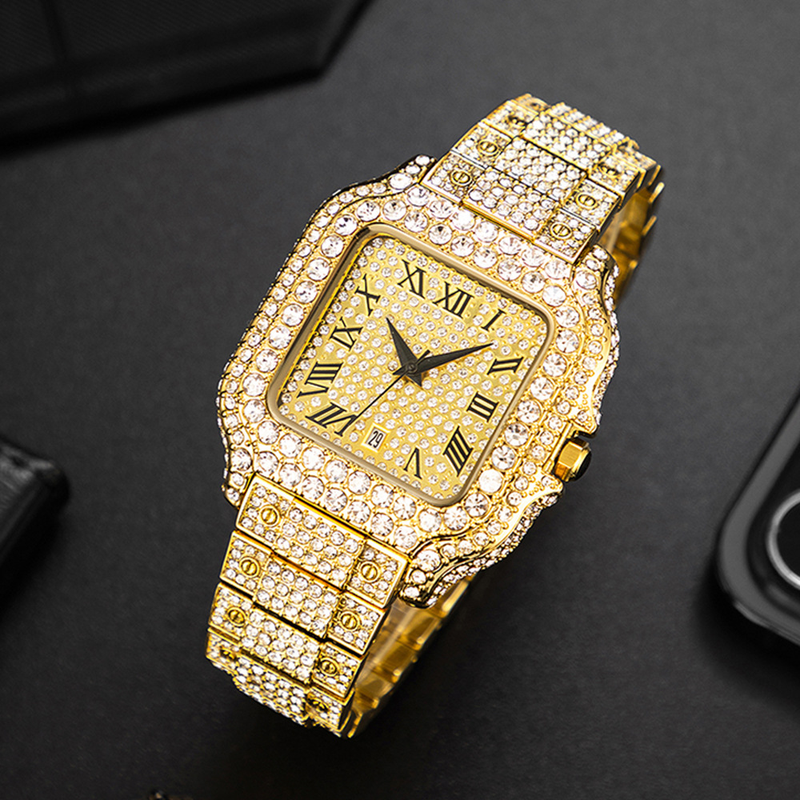 Men's Fashion Square Watch With Full Diamond Accents, Roman Numerals, And Quartz Movement - Waterproof, Stainless Steel Band, Mineral Glass_voghion.com