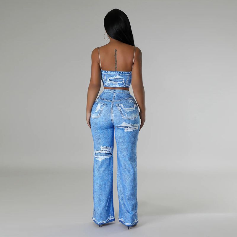 Conjunto de top corto sin mangas y pantalón acampanado: conjunto estampado de dos piezas para mujer_voghion.com