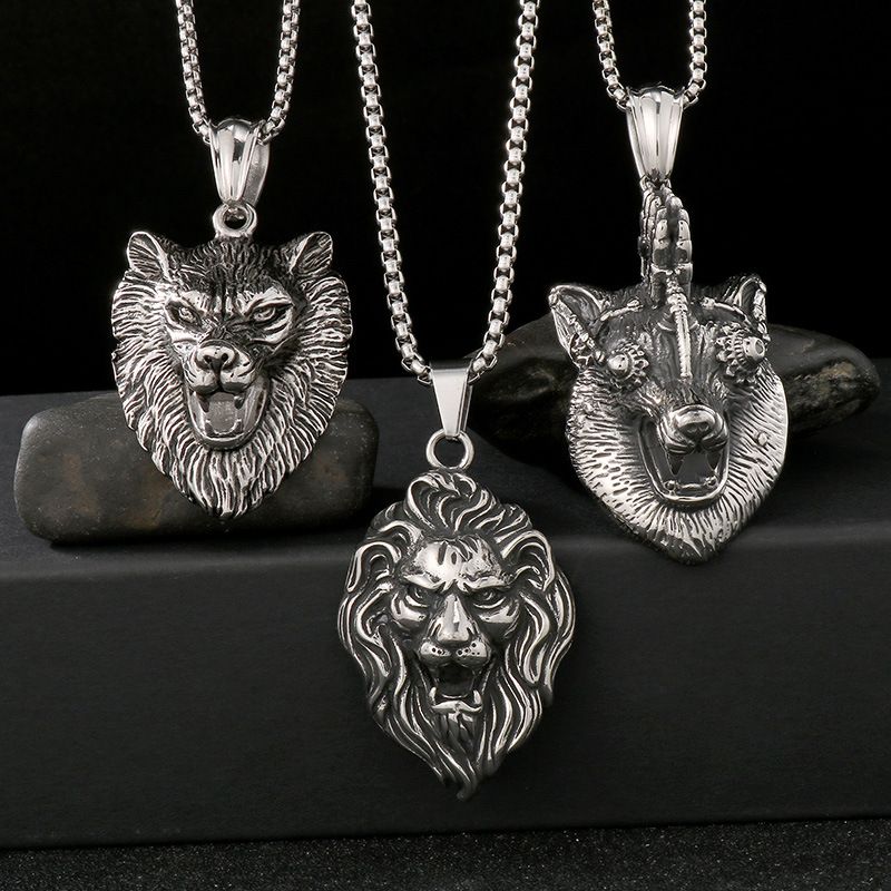 Collana antica a forma di animale da uomo, stile punk, con ciondolo a forma di testa di leone, testa di lupo, volpe, acciaio al titanio_voghion.com