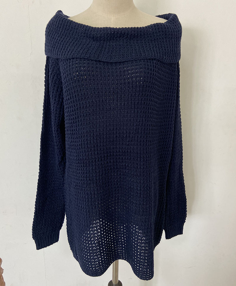 Women's one-line collar off-shoulder lapel sweater loose large version solid color sexy sweater_voghion.com